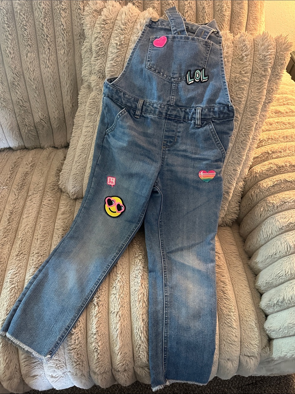 Girls' Blue Denim Overalls with Fun Patch Details